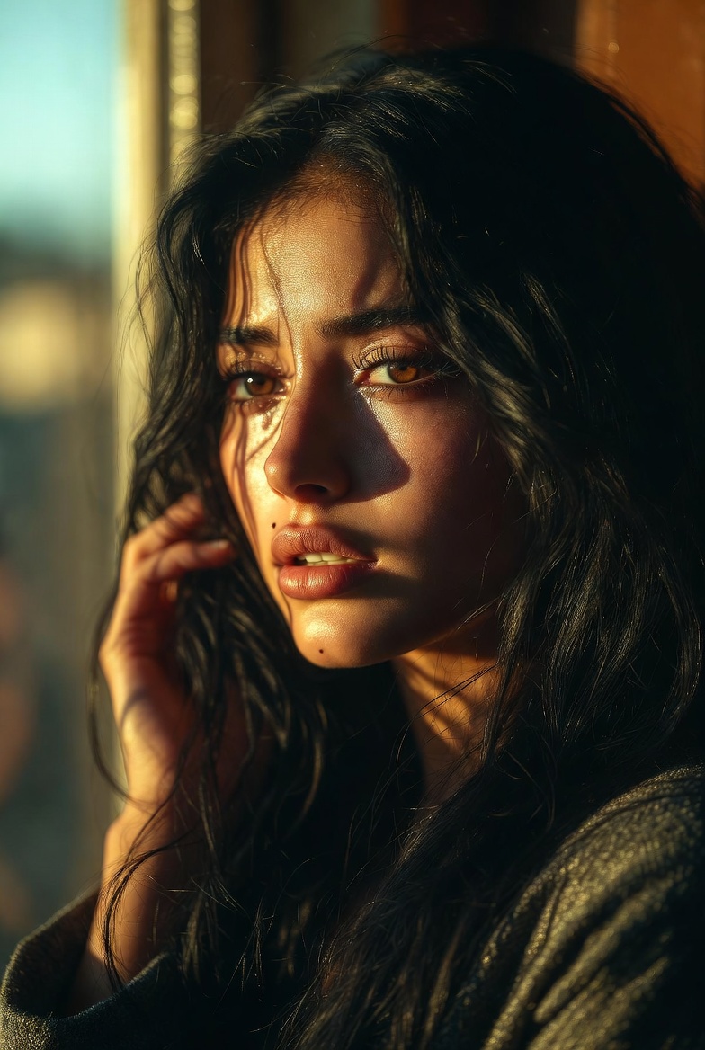 Mujer joven mirando por la ventana, luz cálida del atardecer